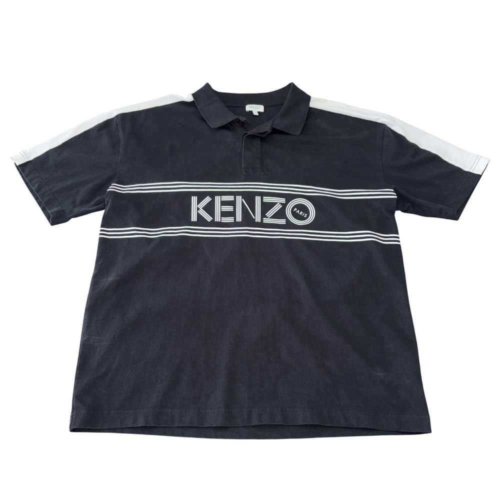 Kenzo Paris Logo Polo Shirt Mens XL Black White Striped Designer Streetwear